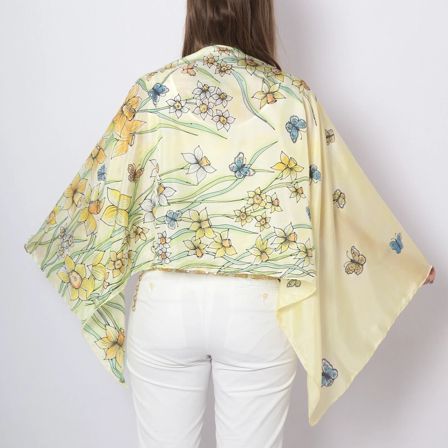 Daffodil Print Hand Painted Silk Scarf Long Butterfly Scarf Mother Gift 62X22