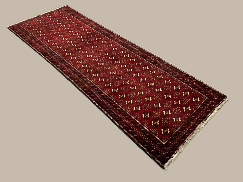 Vintage Turkoman Runner 303x104 cm Tribal Wool Rug, Red, Black - Image 3 of 4