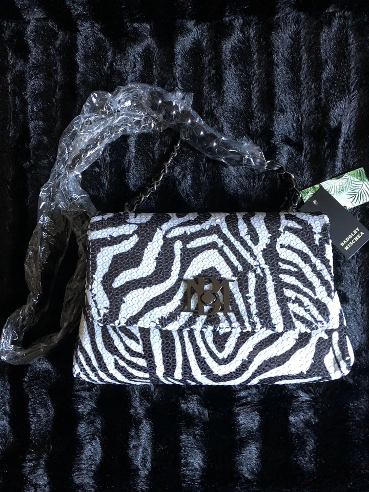 Badgley Mischka Black & White Zebra Print Sequin Embellished Crossbody Handbag