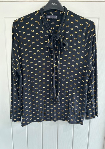 M&S Collection Black Butterfly Tie Neck Blouse Size:20