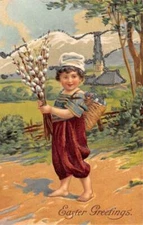 Easter Greetings Child with Branches Glitter Vintage Postcard AA29980