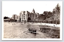 c1940s~Royal Hawaiian Hotel~Honolulu HI~Beach Scene~Bathers~Boat~RPPC Postcard