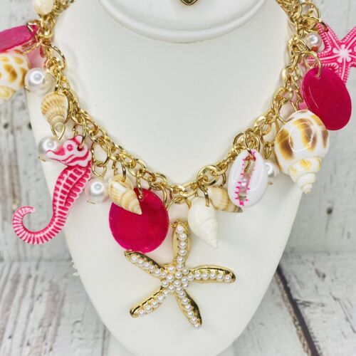 Betsey Johnson PINK Seashell Choker Necklace Beach Starfish Sea Horse Pearls - Afbeelding 1 van 6