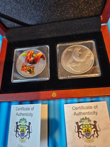 Gabon-Africa 2013 year of the snake set-colored and antiqued silver coins COA