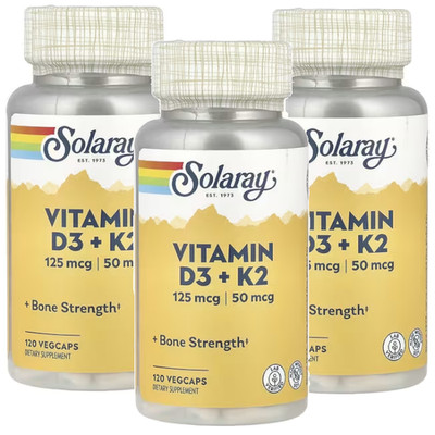 Solaray Vitamin D3 + K2 Bone & Immune Support 120 VegCaps (Pack of 3)