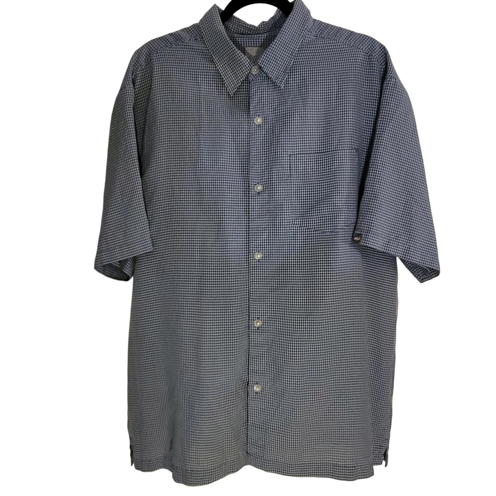 Y2K Quiksilver Button Down Shirt Mens L Blue Micro-Check Short Sleeve Surf Skate