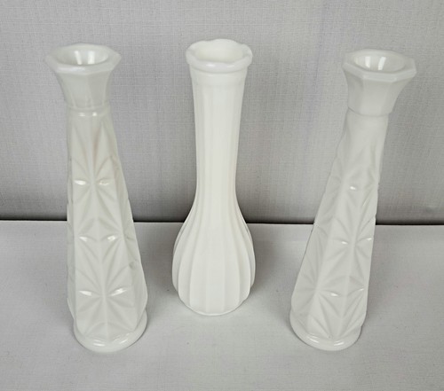Milk Glass Bud Vase Lot Set of 3 Wedding Decor Flower Arrangements Spring Decor - Picture 2 of 16