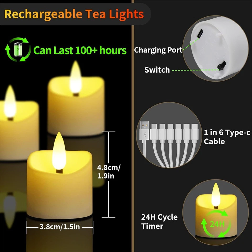 6Stück Wiederaufladbar Flacker LED Kerzen Teelichter Fernbedienung Dimmbar Timer - Bild 3 von 4