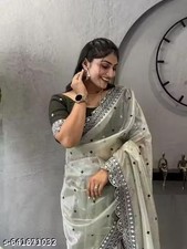 Women's Georgette Hevay Work Saree With Unstitched Bloused Wedding Wear Sari Gif