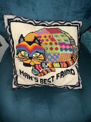 Vtg 1970 s Needlepoint Pillow Cat Man s Best Friend Kitschy 
