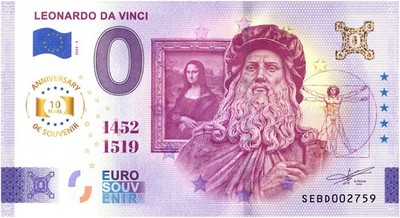 0 Euro Schein Leonardo da Vinci · Souvenir o Null   Banknote SEBD 2025-3 Anniv.