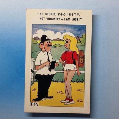 Freche Comic Postkarte um 1970 Polizist blonde Brüste Wanderer dumme Umgebung