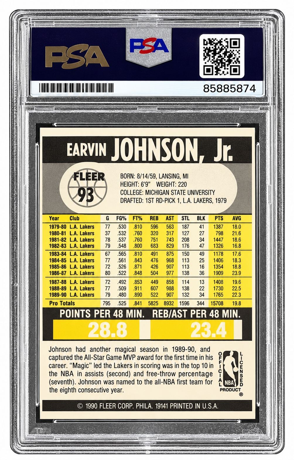 Magic Johnson Signed 1990 Fleer #93 Lakers Card PSA/DNA Gem MT 10 view 2