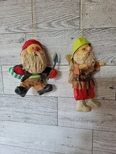 2 Vintage Russ Berrie Co Paper Mache Ornaments Elf Gnome Christmas Set Pair