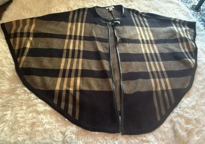 White House Black Market Plaid Knit Cape Poncho with Faux Leather Trim - Image 1 of 4