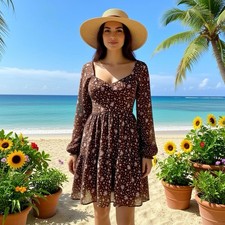 Women M Floral Cottagecore Peasant Smocked Mini Dress Tiered Boho Hippie Coastal