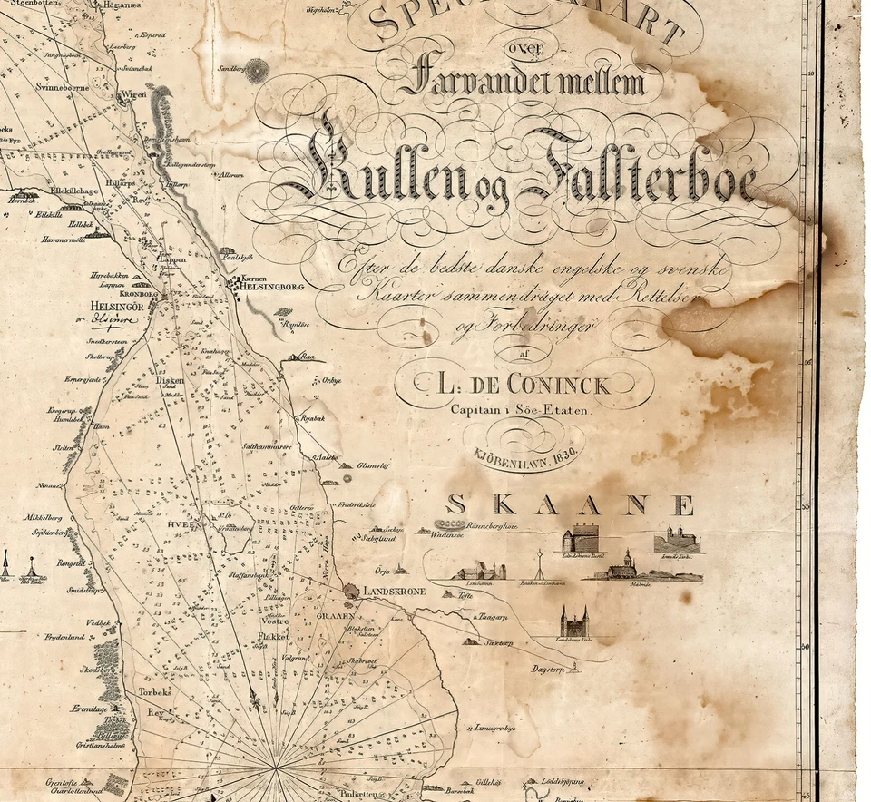 1830 Nautical Chart Map of Oresund Strait Denmark and Sweden Wall Art Decor - Image 2 of 2