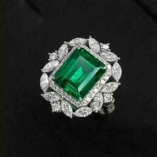 3Ct Natural Emerald Emerald Cut Cocktail Halo Engagement Ring White Gold Plated