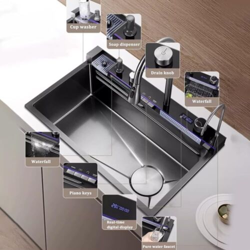 Küchenspüle Wasserfallspüle mit versenkbarem Wasserhahn Edelstahl SpülbeckenSet - Bild 3 von 23