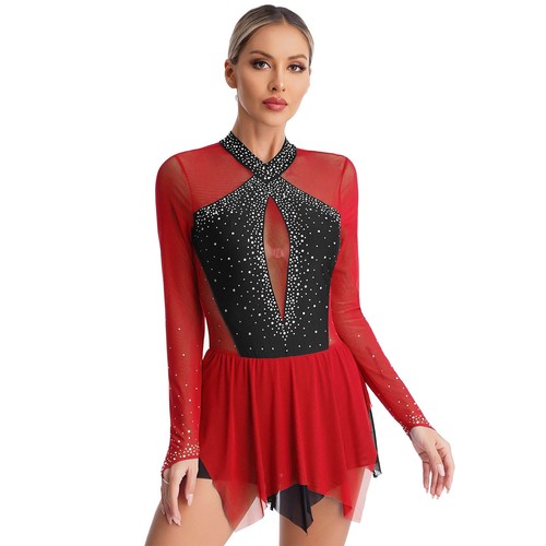 Womens Dancewear Rhinestones Dance Dress Ballet Leotard Lyrical Skirted Shiny - Picture 23 of 81