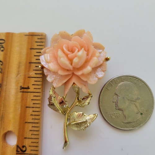 Vintage Blooming Peach Cabbage Rose Brooch Pin MCM Lucite Gold Plated Unsigned - Picture 3 of 5