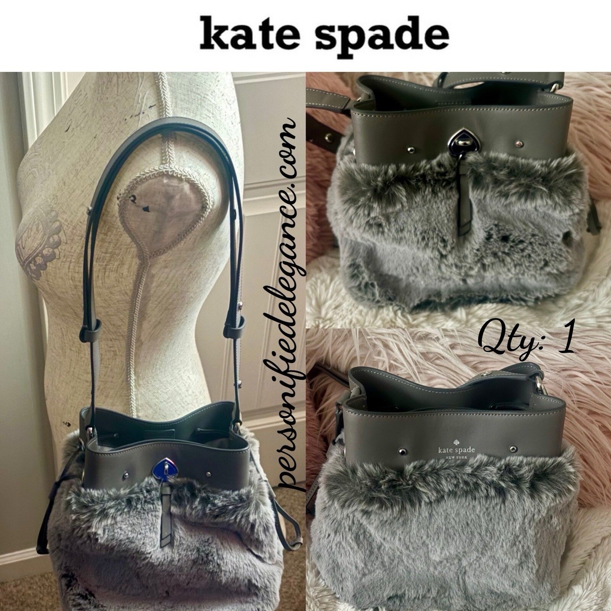 NEW Kate Spade Marti Grey Cat Faux Fur Leather Small Bucket Bag