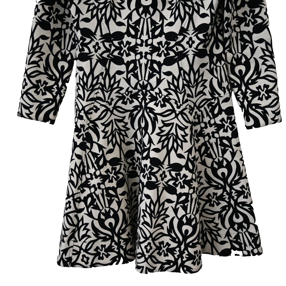 Lela Rose Fit and Flare Dress Size 10 Black White Damask Long Sleeve Boat Neck - Image 3 of 4