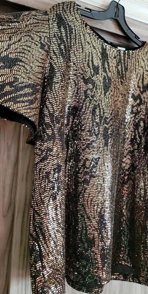 Blusa para mujer Ann Klein dorada brillante negra dorada mangas planas 2XL Foto 4 de 4