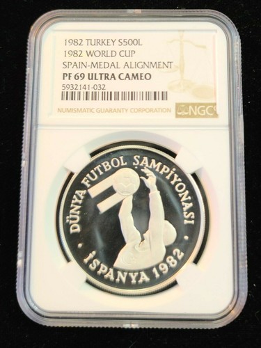 1982 TURKEY SILVER 500 LIRA FIFA WORLD CUP NGC PF 69 ULTRA CAMEO RARE TOP POP 1 - Picture 4 of 4