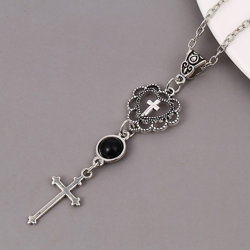 Vintage 925 Silver Cross Heart Love Pendant Sweater Chain Necklace Women Jewelry