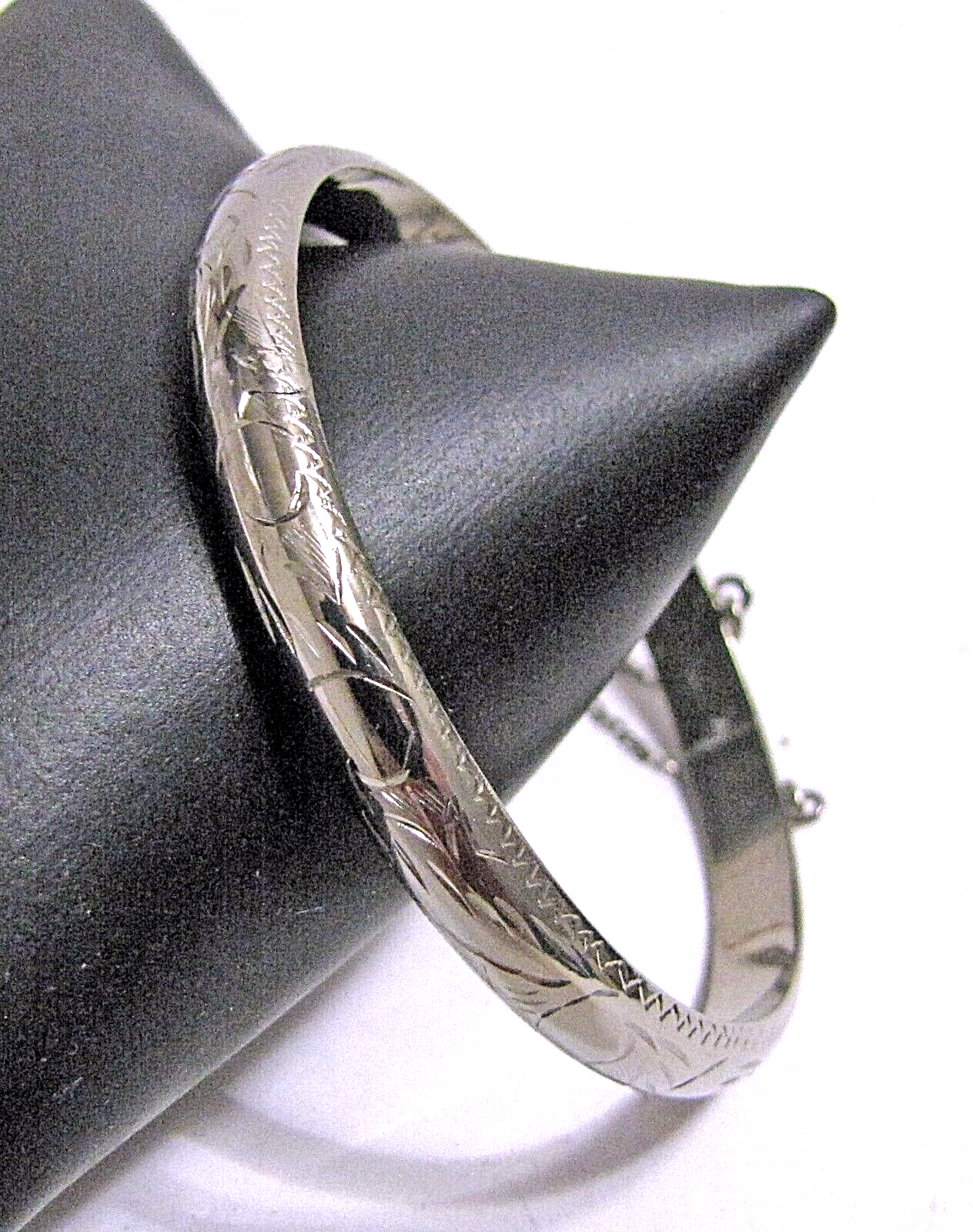 Vintage Engraved Sterling Silver Hinged Bangle Bracelet with Safety Chain-image