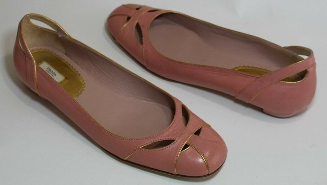 PRADA 9 Peachy Pink Leather Flat Ballet Slippers Gold Trim Leather Sole 39 Italy | eBay