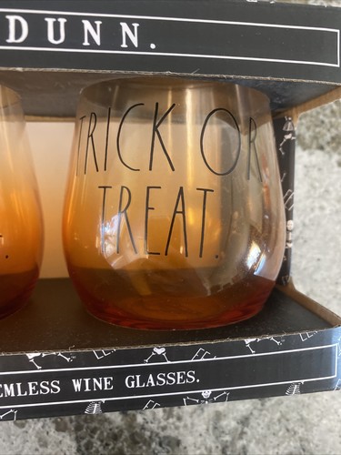 Rae Dunn Halloween Stemless Wine Glasses Drinkware-NEW- Trick Or Treat-Orange - Picture 2 of 5