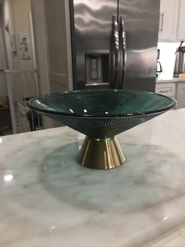 Centro de mesa moderno Mid Century cuenco vidrio verde esmeralda base de metal dorado 10" NUEVO