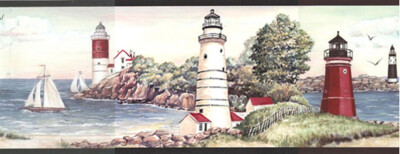 Nautical Lighthouse Sailboat Coastline Beach Black Trim Wallpaper Border 9'' High
