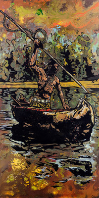 Spear Fishing by Cody Kuehl Native American Western Fishing Signed Canvas 48x24