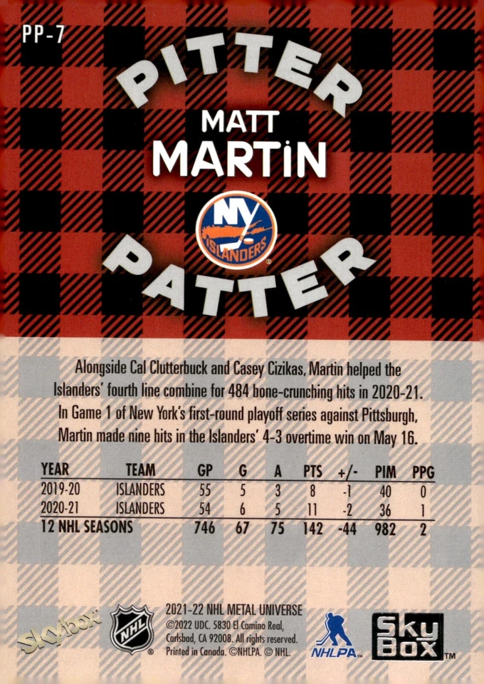 Matt Martin - 2021-22 Skybox Metal Pitter Patter /99 Card #PP-7 - Image 2 of 2