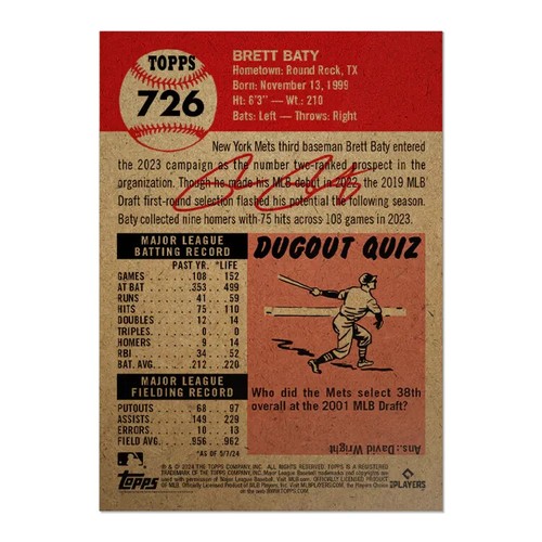 2024 Topps Living Set 726 Brett Baty (Rookie Card) - Free Shipping Always! - Picture 2 of 2