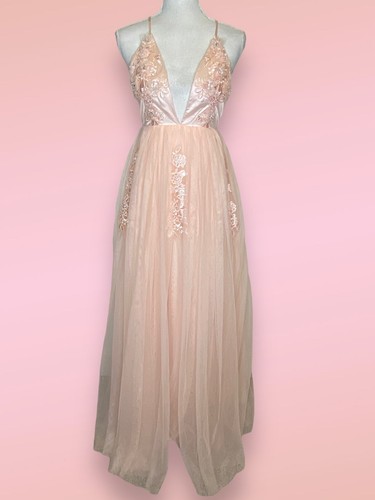 NEW Forever 21 Pink Tulle Maxi Gown Plunging Neckline Embroidered Lace Size Sm - Picture 4 of 16