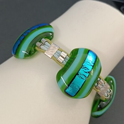 Sterling Silver Glass Bracelet Iridescent Green Blue Jan Art Signed Bold Gift