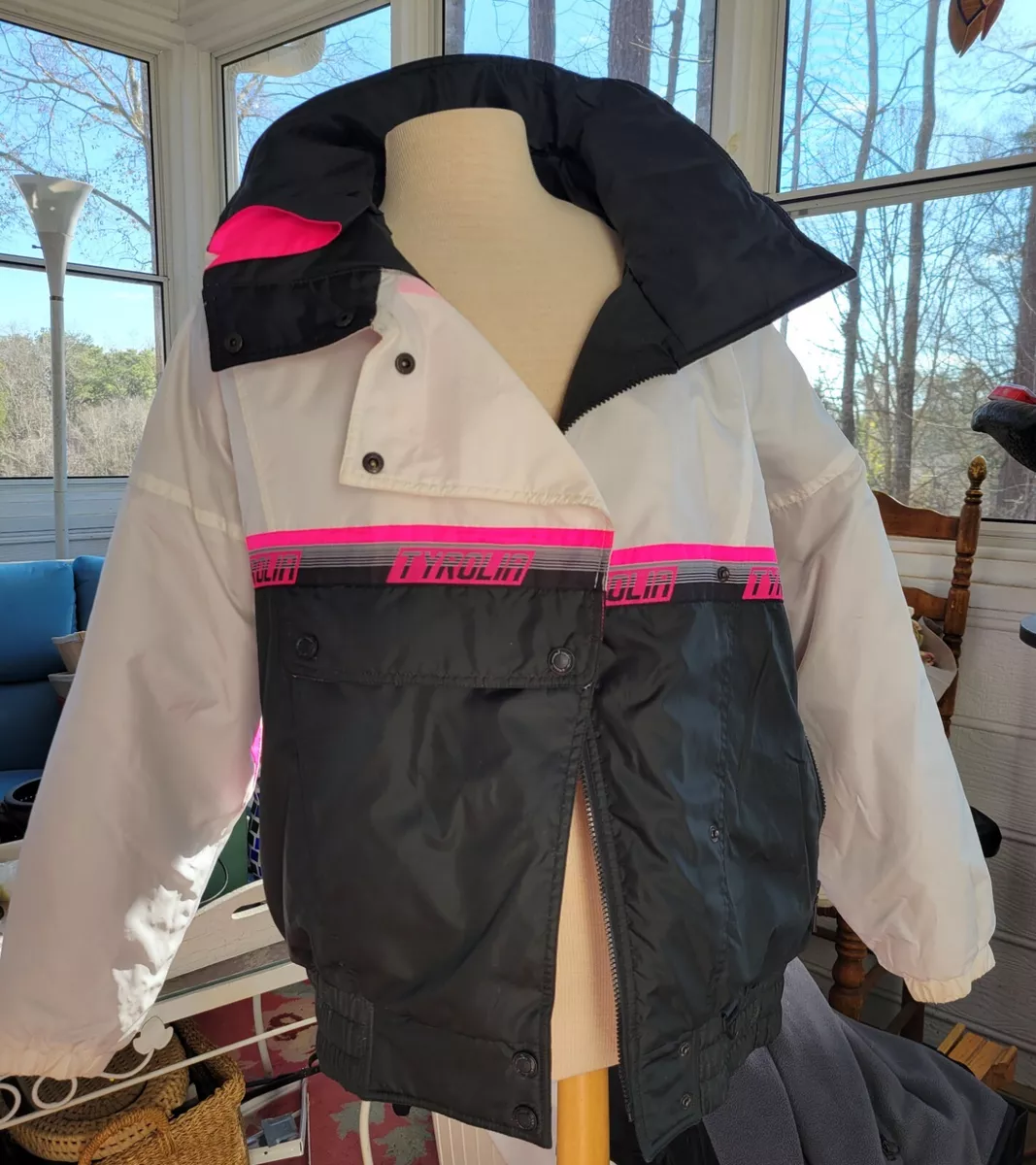 Vintage TYROLIA Women's Ski Jacket Puffy Neon Pink White Black Sz 14 VGC