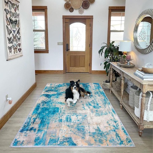 Vibrant Abstract 5x7 Area Rug - Turquoise and Beige Washable Low Pile Carpet - Picture 4 of 10