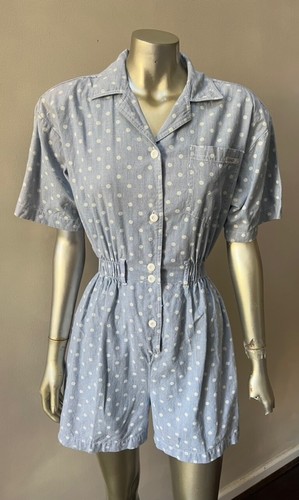 Chambray Polka Dot Vintage 90s Retro Jumper Jumpsuit Romper Party Shorts S - Picture 1 of 4
