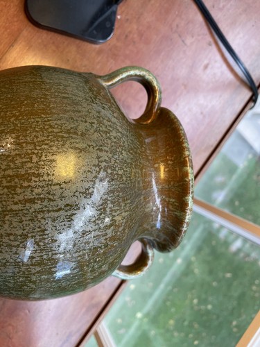 Vintage N. Carolina Pottery A. R. Cole Green Rutile Glaze Vase Handles 10 1/4 " - Picture 5 of 10