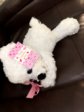 White Plush  Stuffed Bear  Valentine's Day Toy  Pink Ribbon  Ties Onto Gift