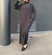 Womens High Neck Ribbed Long Maxi Dress Abaya Modest Burqa Kaftan Jilbab Ladies