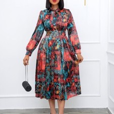 Women Summer Casual Boho Floral Smocked Waist Tiered Flowy Swing Midi Dress