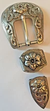 Used Old 3 Piece Western Silver Tone Ranger Belt Buckle Set for 3/4" belt  