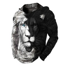 Men's Hoodie Hooded T Shirt Fashion Black White Lion Sweatshirt Soft LightWeight
