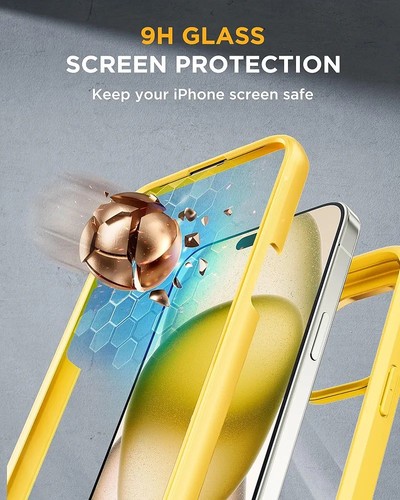 Full Body iPhone 15 Case 6.1" With 9H Tempered Glass Screen Protector Yellow - Picture 4 of 7